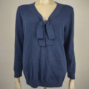 NWT J. Crew Mercantile blue 100% Cotton V-Neck bow pullover sweater ladies Large